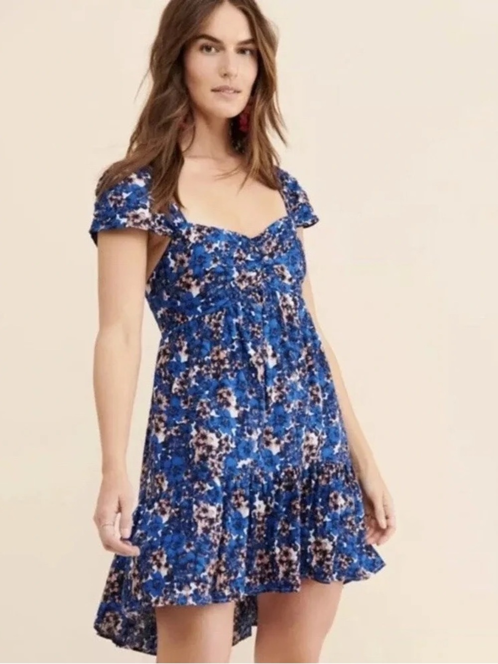 Free People Pattern Play Floral Smocked Mini Dress Blue Cool Combo Size XS